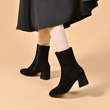 高跟靴女2024秋冬新款黑色欧美风粗跟瘦瘦靴圆头侧拉链时装靴皮靴