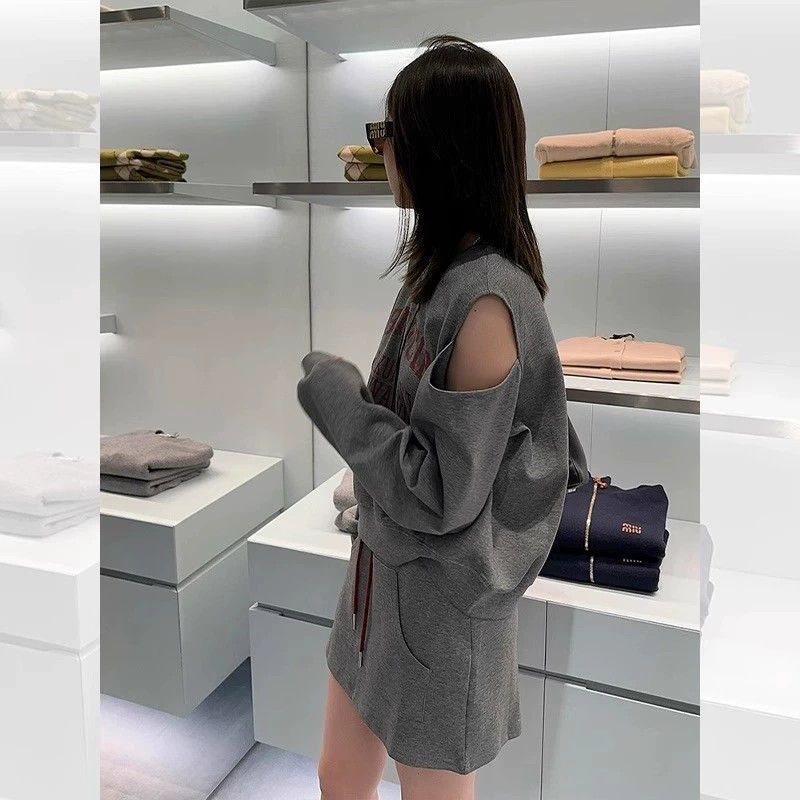 春秋季新款女装小个子露肩卫衣休闲时尚运动印花露肩显高两件套装|undefined
