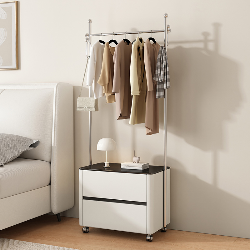 Modern Minimalist Light Luxury Solid Wood Lacquered Coat Rack and Bedside Table Integrated Bedroom Home Floor-Standing Clothes Rack Wardrobe