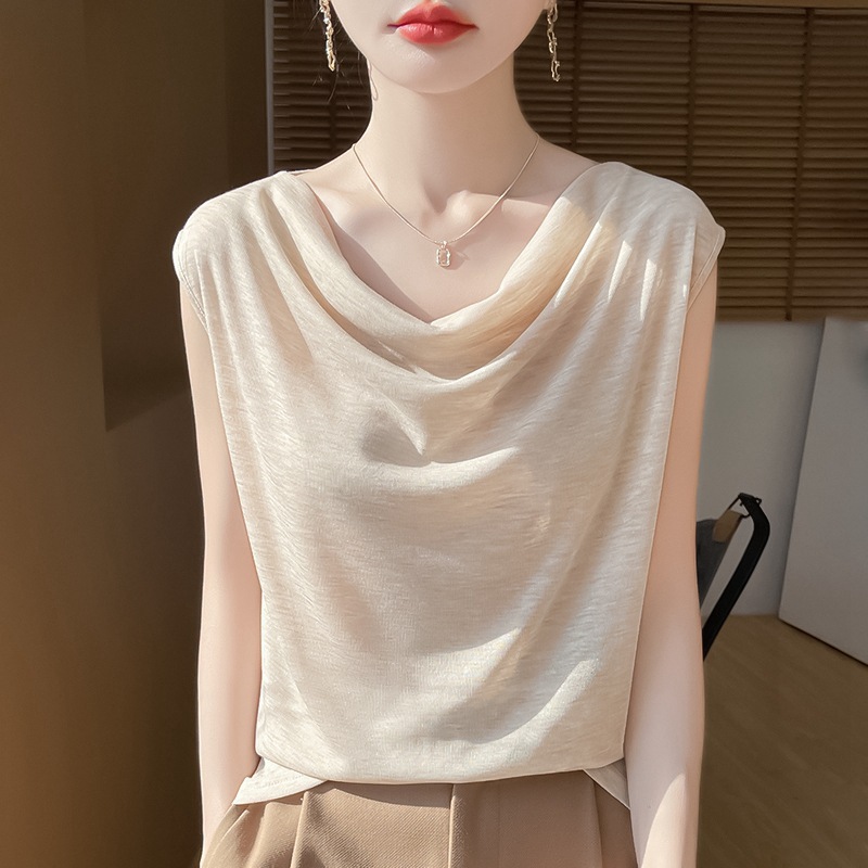 2025 년 봄과 여름 새로운 여성 패션 더미 칼라 민소매 티셔츠 얇은 얇은 얇은 우아한 스윙 칼라 탑