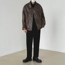 24秋季新款仿真羊皮PU皮衣男宽松休闲复古短款机车皮夹克男士外套