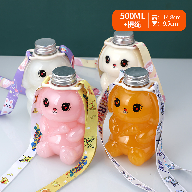Lindo conejito de dibujos animados leche té botella PET plástico para llevar leche té taza 500ml botella de bebida desechable