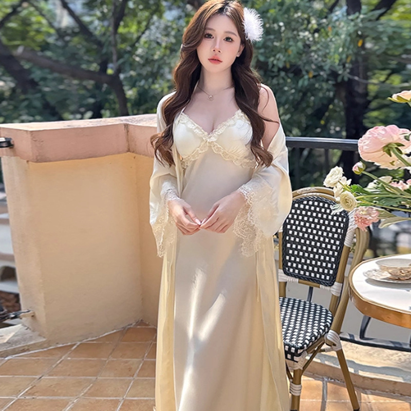带胸垫冰丝吊带睡裙睡袍两件套长款睡衣法式纯欲仿真丝家居服女|undefined