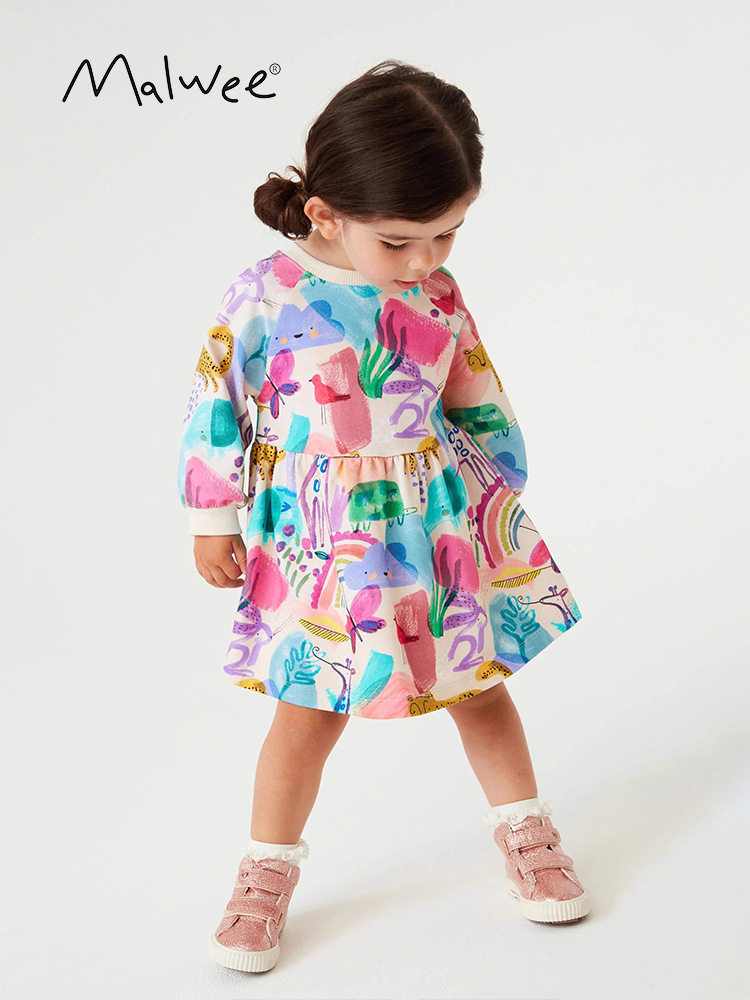 Malwee niñas vestido de princesa de otoño nuevo estilo europeo y americano para niños pequeños ociosos niñas de cuello redondo falda de manga larga