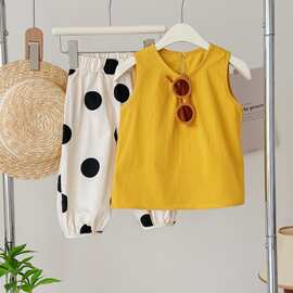 77097女童套装仿天丝A字背心加波点七分裤23夏装新款外贸童装代发