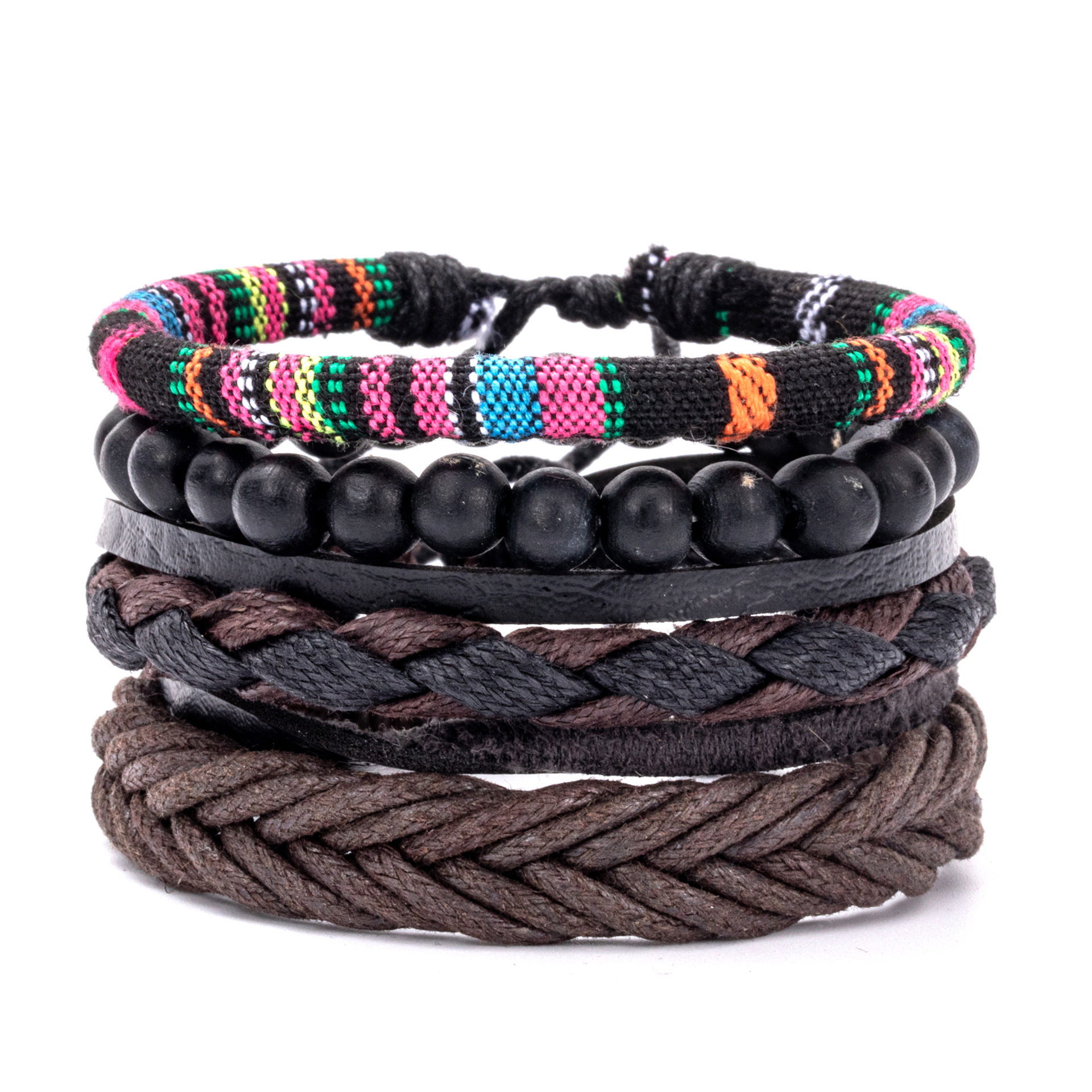 10g Weight Retro Bohemian Multicolor Pu Leather Alloy Beaded Braid Unisex Bracelets
