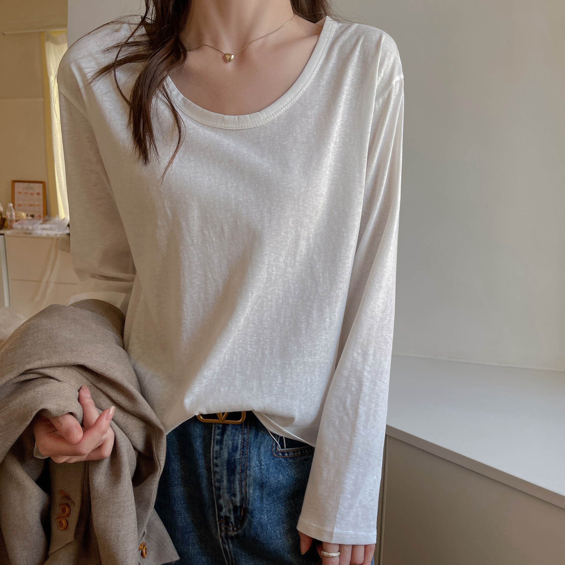 Carefully Selected Right Shoulder Long-Sleeved T-Shirt Women's Early Autumn Pure Color Casual Versatile Bottoming Shirt with Loose and Lazy Top
