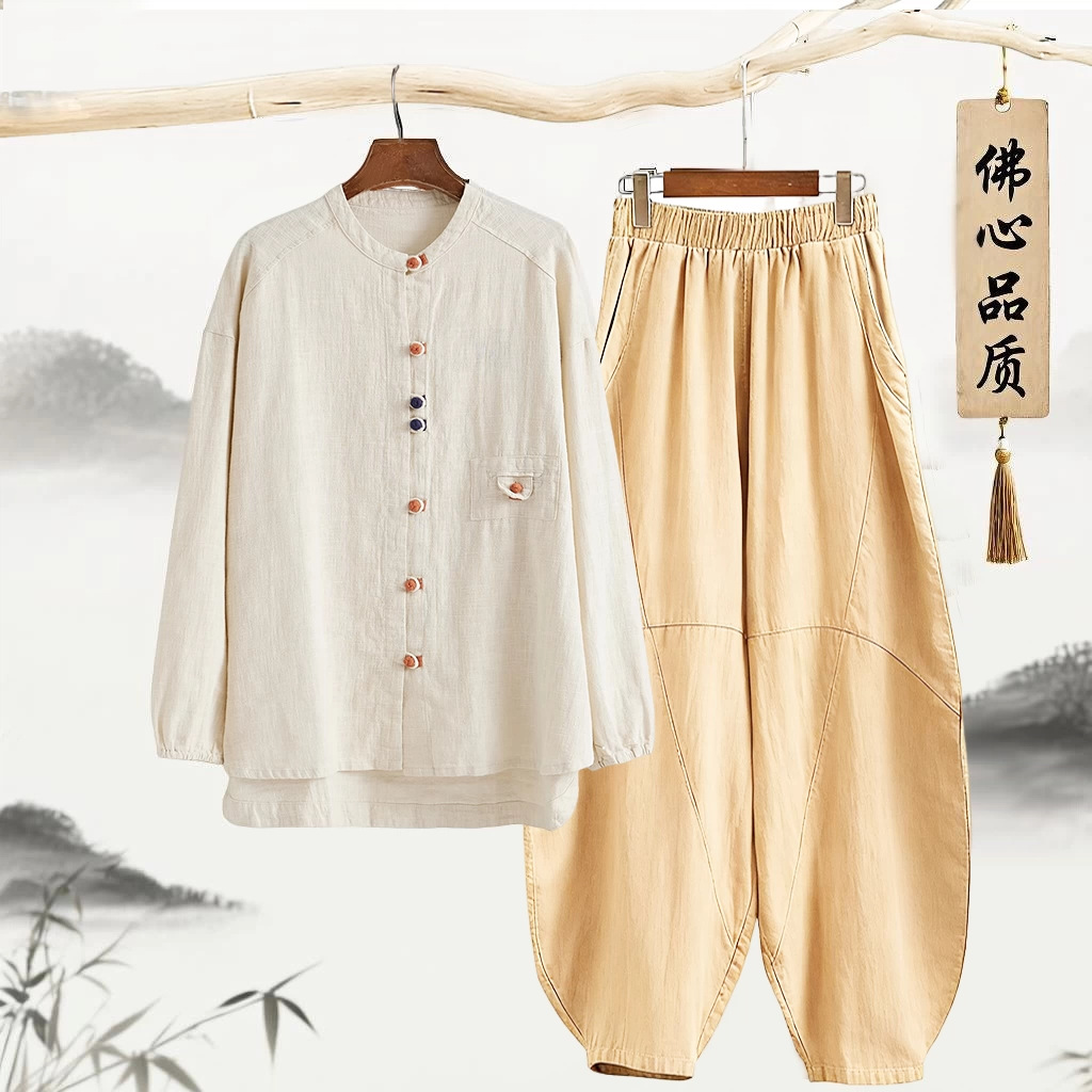 佛系禅意寺庙拜佛素衣禅服女秋季开衫外套中式居士太极服女款套装