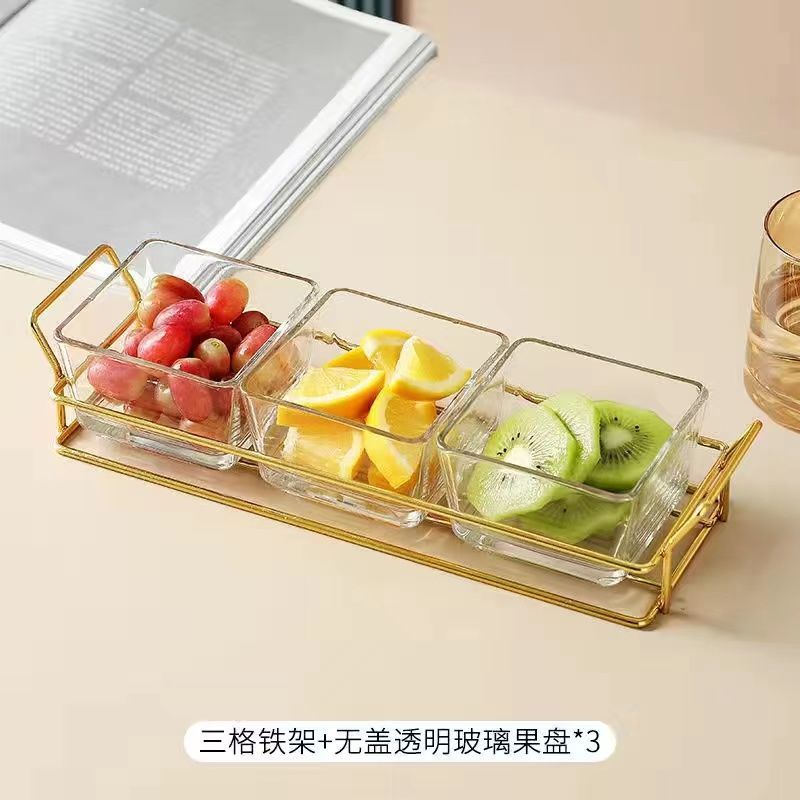 Glass Divided Fruit Plate with Lid for Home Living Room Snack Plate Candy Dried Fruit Plate Ktv Bar Melon Seed Snack Plate