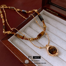 真金电镀人造虎眼石项链美拉德小众百搭毛衣链复古高级感饰品批发