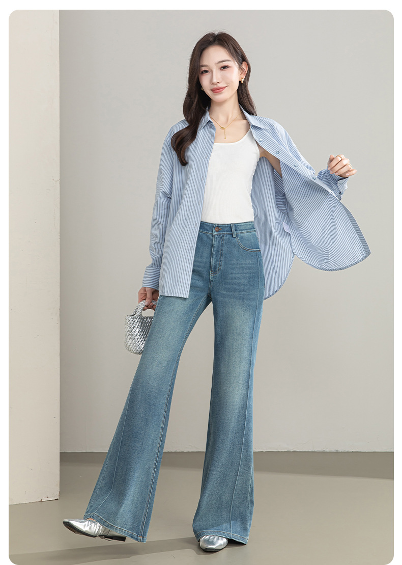 Quần jean nữ cạp cao ống rộng vải Tencel cotton co giãn 4 chiều dáng suông nhẹ — xanh lam chi tiết 21