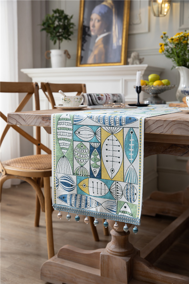 Tovaglia in poliestere con nappe in ciniglia a piccoli pesci verdi annuali, runner da tavola fresco_voghion.com