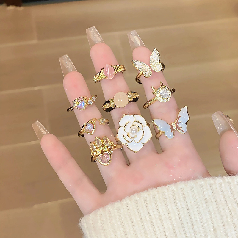 簡約風小眾甜酷清新貓眼琺瑯戒指女時尚百搭花朵蝴蝶精緻愛心指環