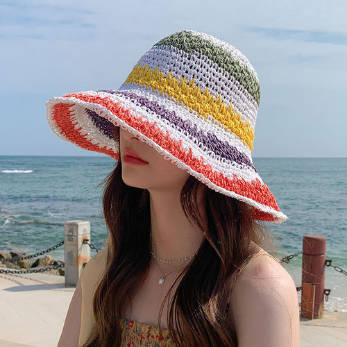 Handmade Grass Hat for Women, Foldable Bohemian Beach Rainbow Striped Fisherman Hat, Sunshade, Makes Face Look Smaller, Trendy Bucket Hat