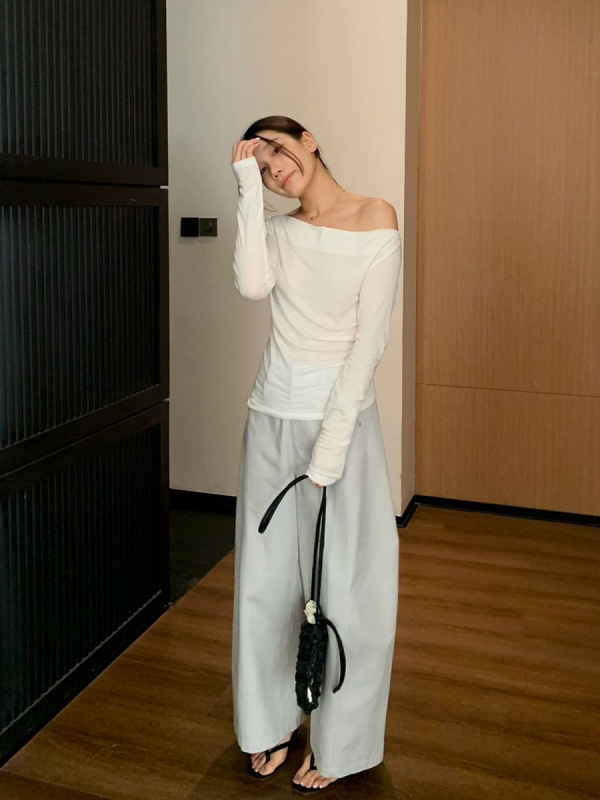 元派bluepops2025秋季新款舒适显瘦弯刀裤韩版阔腿休闲裤女A5608|undefined