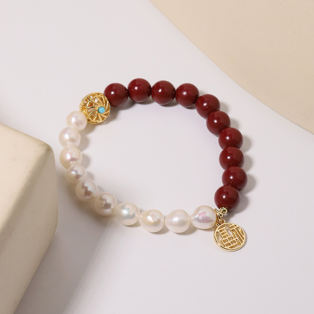 Retro auténtico cintabrio Jintao azul Fu mano de perlas de agua dulce natural temperamento de pulsera multifacé para la esposa de la novia
