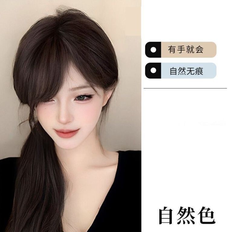 偽前髪フル人工毛日本古代斜め自然な額の生え際で白髪をカバーする女性用の前髪ウィッグ|undefined