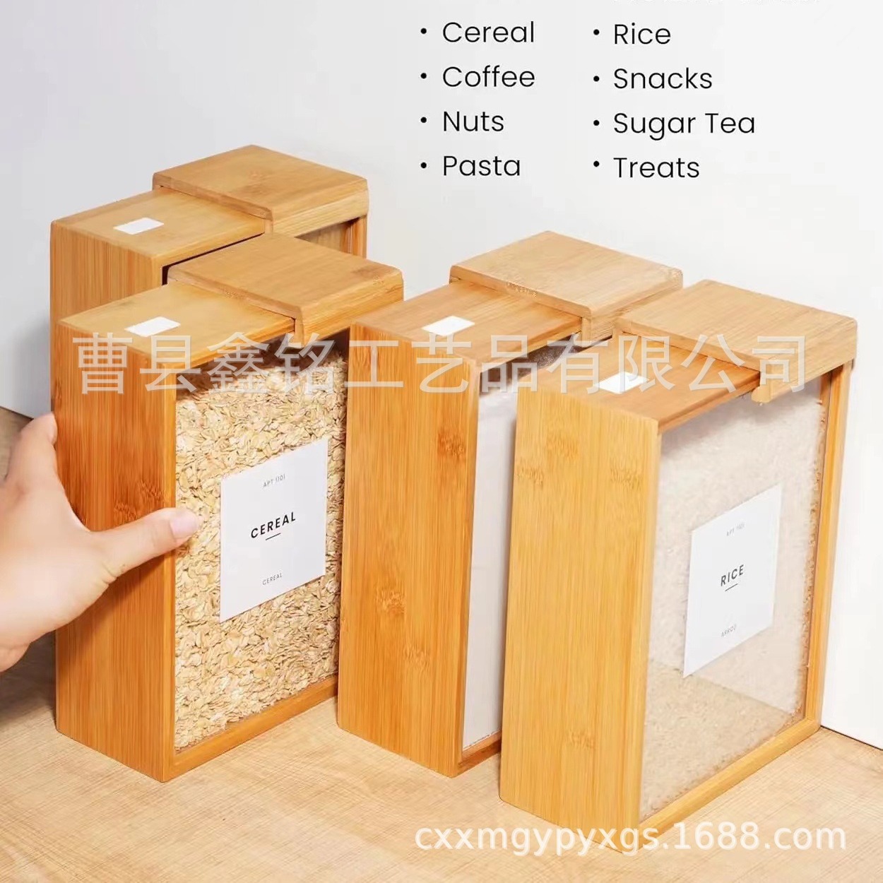 Caja de contenedores de almacenamiento de alimentos de madera doméstica caja de almacenamiento de granos de madera de bambú creativa simple dispensador de alimentos de madera sólida