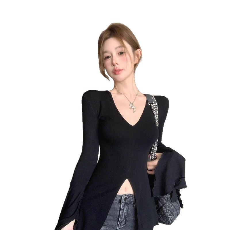 设计感美式辣妹喇叭袖V领T恤女2025春秋季修身显瘦黑色长袖上衣|undefined