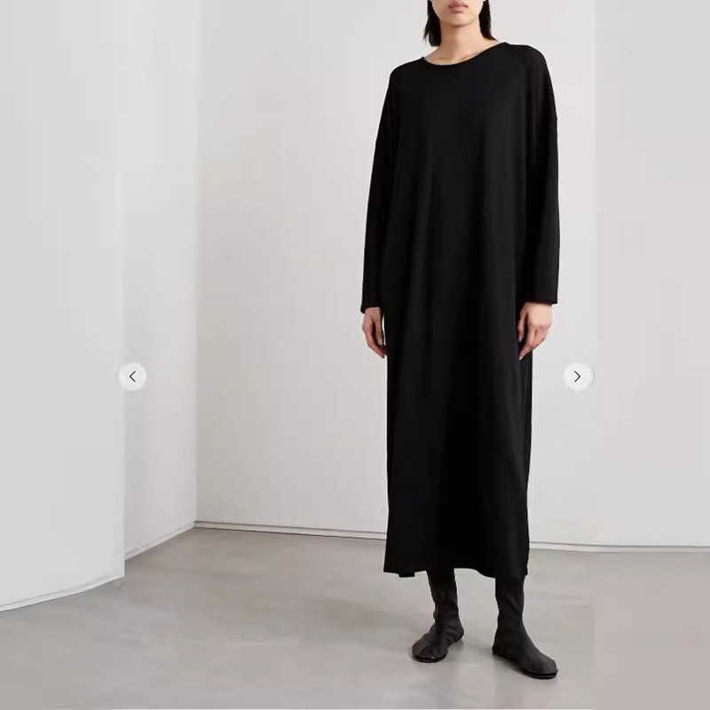 Round Neck Dress American minimalist ROW velvet cotton drop-shoulder sleeve loose profile long dress T-shirt dress
