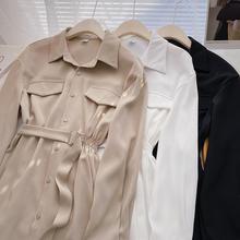 长袖衬衫女气质显瘦中长款2024年冬季新款韩版小众设计感系带上衣