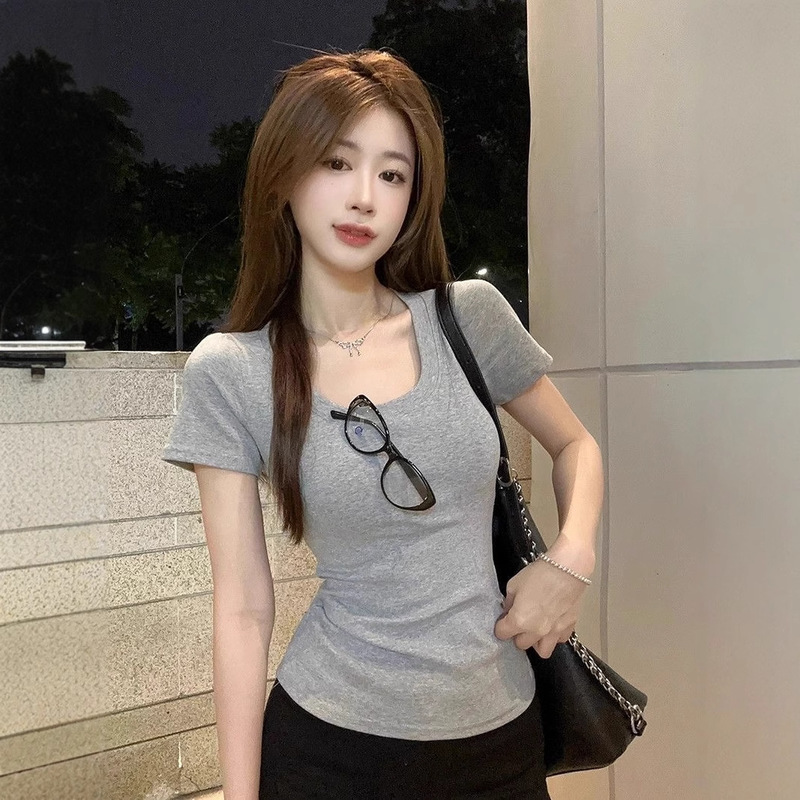 Foreign Trade Hot-Selling Pure Desire Spicy Girl White Short-Sleeve T-Shirt for Women, Summer U-Neck Sexy Waist-Cinching Slim-Fit Short Style Foreign Trade Hot-Selling Pure Desire Spicy Girl White Short-Sleeve T-Shirt for Women, Summer U-Neck Sexy Waist-Cinching Slim-Fit Short Style