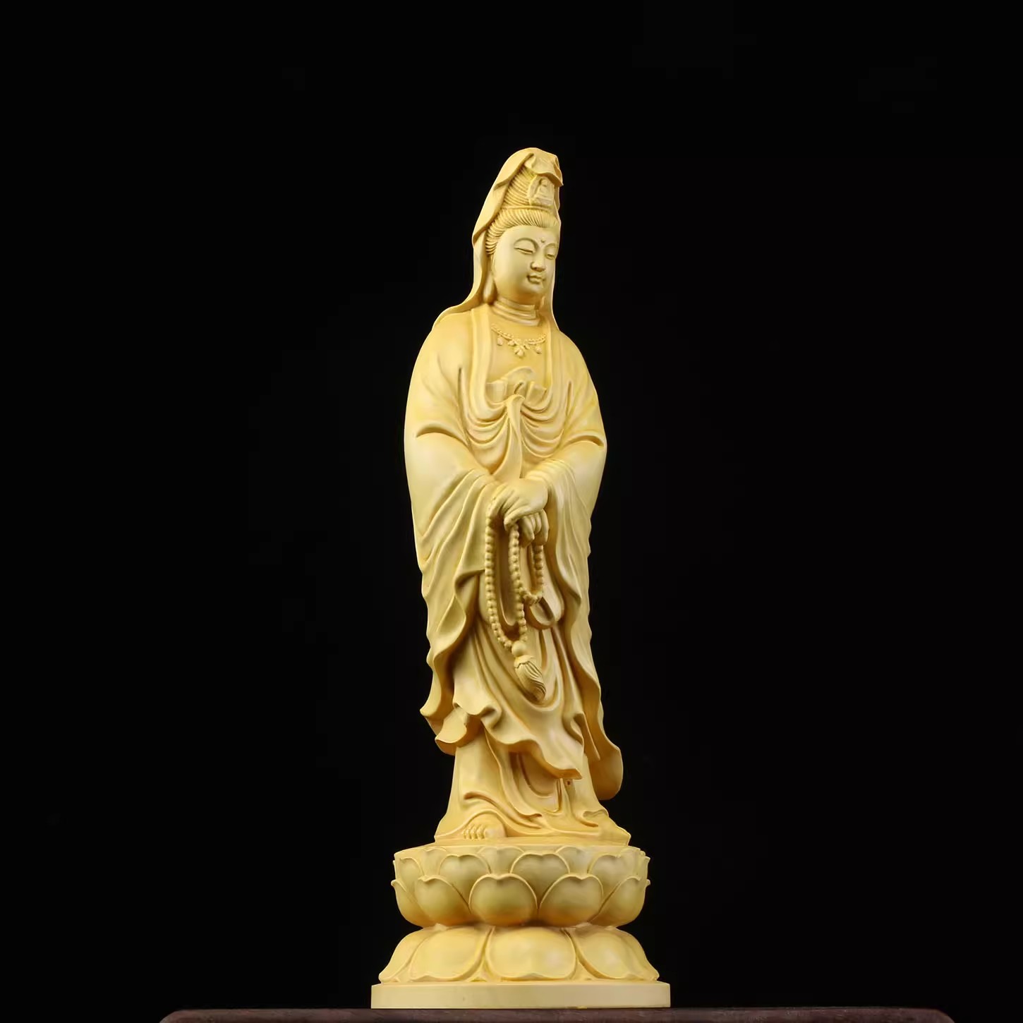 黄杨木雕念珠观音菩萨摆件中式家居客厅实木手工艺品招财平安佛像