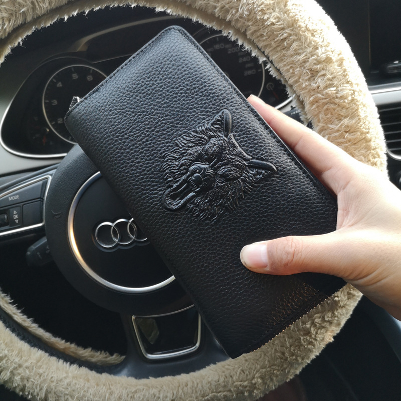 软皮黑色长款钱包社会精神小伙钱夹大钞钱夹压花男士手拿包手包潮|ru