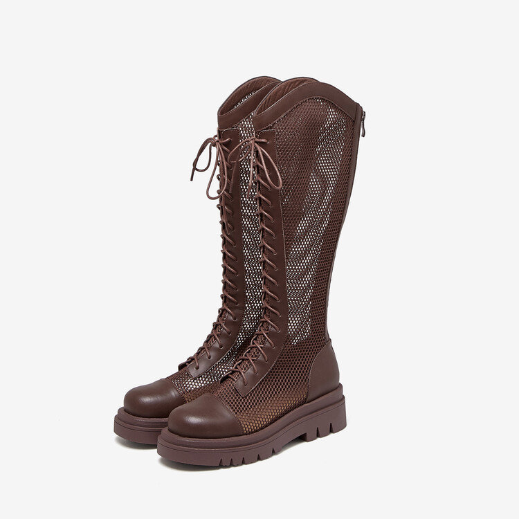 Boot lưới da thật cổ cao đế dày thoáng khí mùa xuân hè phong cách kỵ sĩ buộc dây — Màu nâu ống lớn, Màu đen cổ ống lớn, Ống nhỏ màu đen, Ống nhỏ màu be chi tiết 70