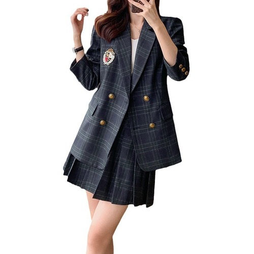 Plaid blazer women's spring and autumn new style high-end temperament goddess style casual petite pleated skirt two-piece set