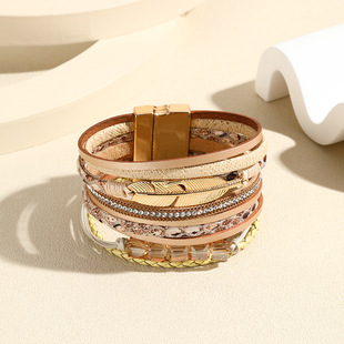 Cross-border Bracelet New Bohemian Ethnic Style Bracelet Crystal Feather Accessories Multi-layer Wide-brimmed Leather Bracelet Fashion