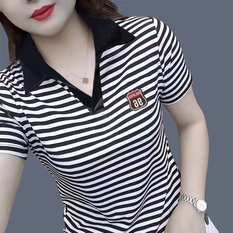 Short-sleeved striped T-shirt quality top women's polo shirt plus size women's fashionable all-match lapel collar t-shirt