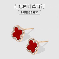 S999純銀四葉草ピアス日韓名媛風気質イヤリング高級感シンプルな赤いイヤリング卸売り