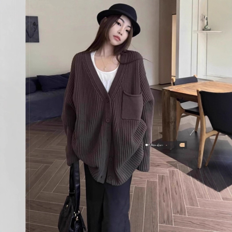 Lazy Loose Chocolate Color Knitted Cardigan Autumn and Winter New European and American Style Pure Color Pit Sweater Jacket for Women Lazy Loose Chocolate Color Knitted Cardigan Autumn and Winter New European and American Style Pure Color Pit Sweater Jacket for Women
