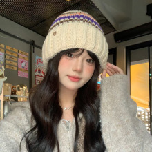 拼色毛线帽女秋冬季日系百搭大头围保暖护耳针织帽时尚包头冷帽