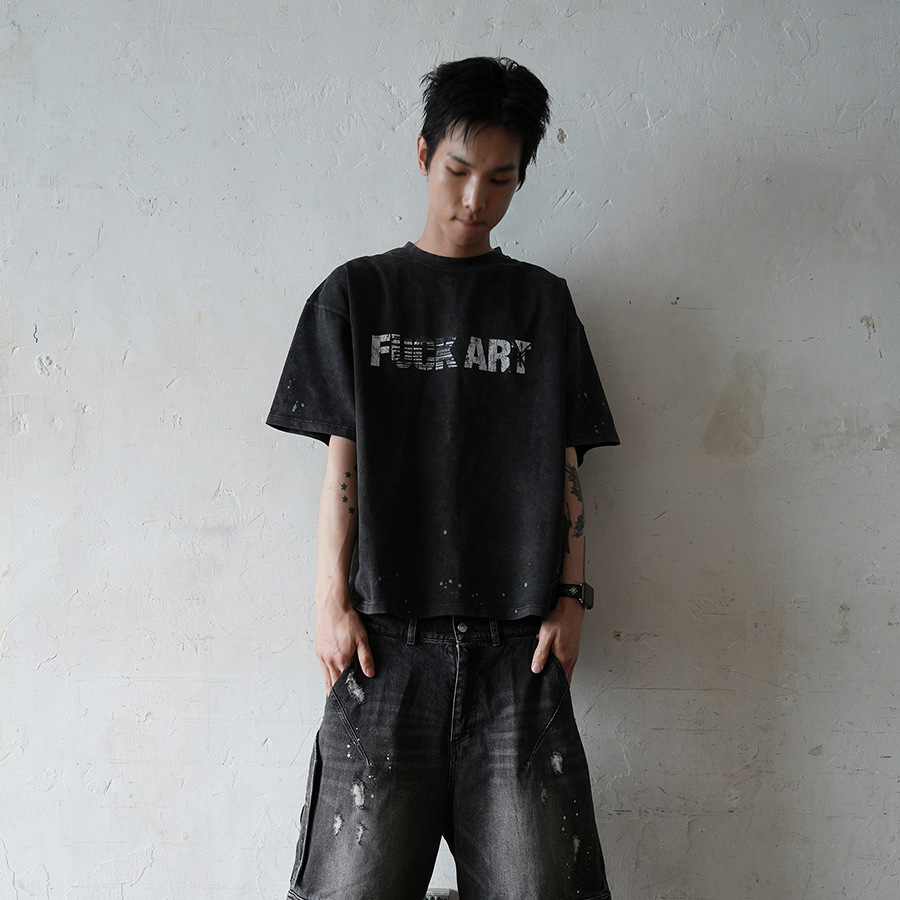 ARCHIVO FAR FA letras pintadas a mano con tinta lavada para hacer viejas camisetas de manga corta de alta marca americana para hombres