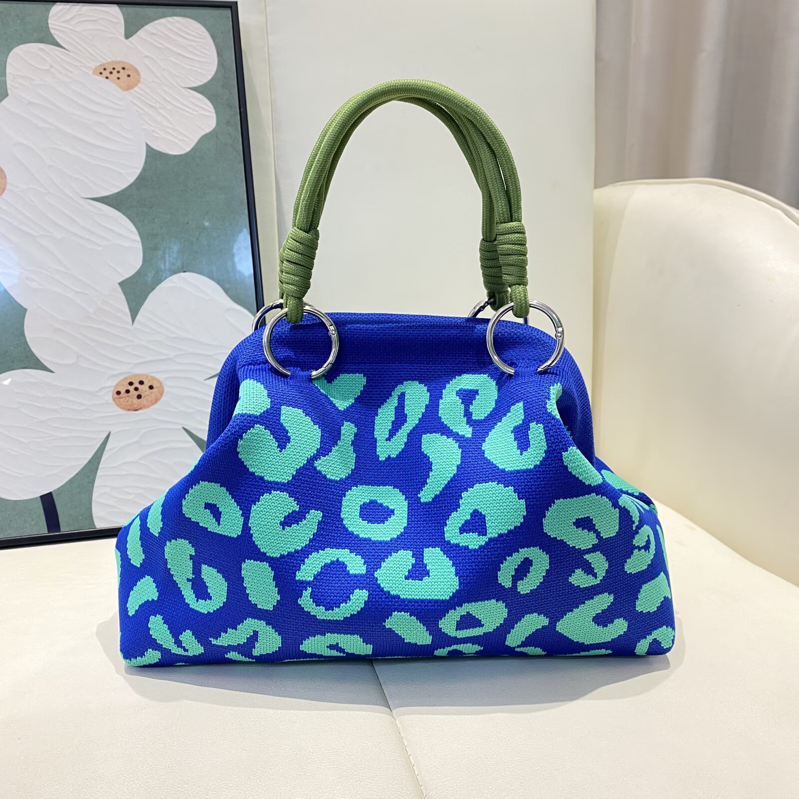 Floral Woven Rope Handle Dumpling Top Handle Bag 10