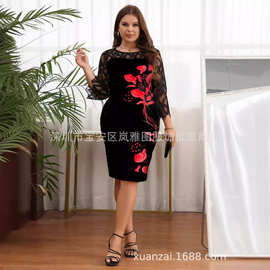 eBay速卖通2024数码印花蕾丝拼接七分袖连衣裙大码女装欧美风爆款