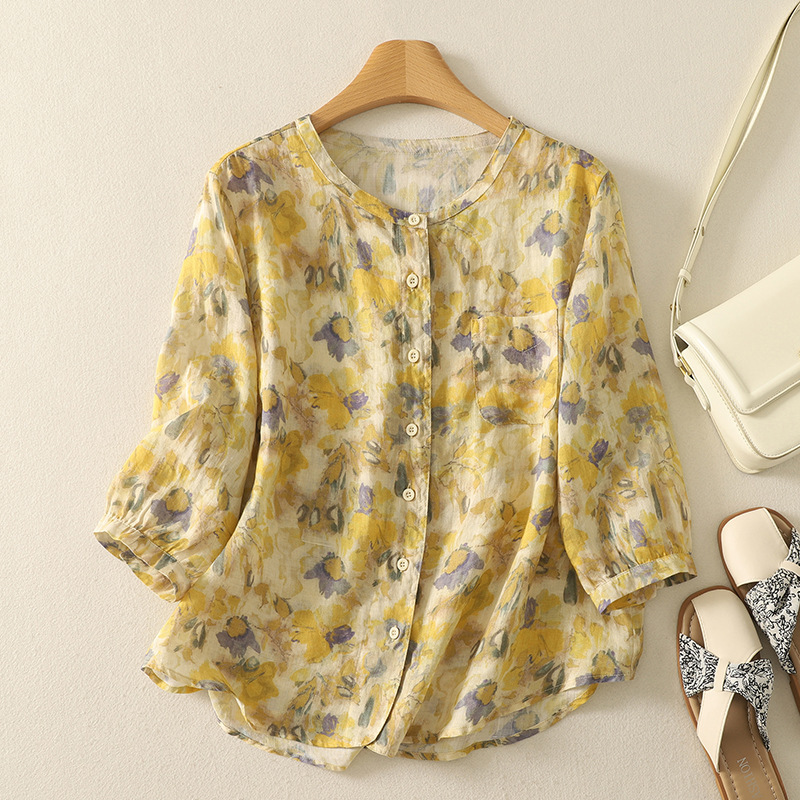 Real Shot of New Shirts for Women in Summer, Round Neck, Mid-Sleeve Printing, Age-Reducing, Slimming, Versatile Casual Cardigan Tops for Women