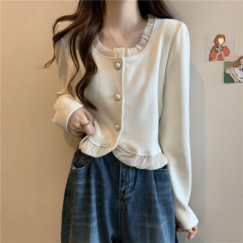 Plus-size Spring/Fall Long-Sleeve Base Top with Lace Paneling and Tummy-Smoothing Design — Perfectly Versatile & Slimming Cardigan for Curvy Women