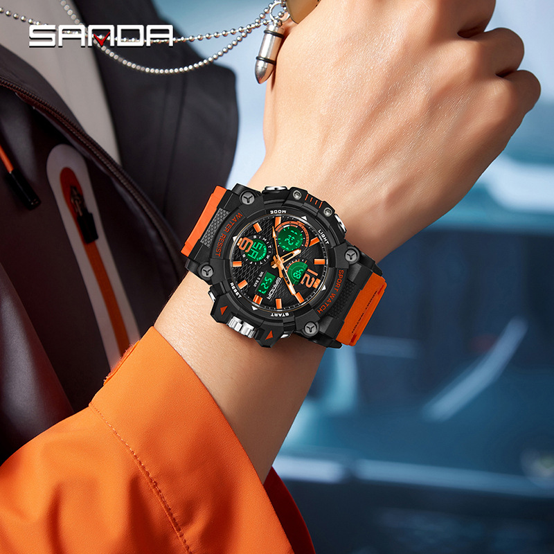 SANDA nuevo reloj de pulsera juvenil transparente al aire libre cool doble reloj de pantalla hombre impermeable luz nocturna reloj electrónico