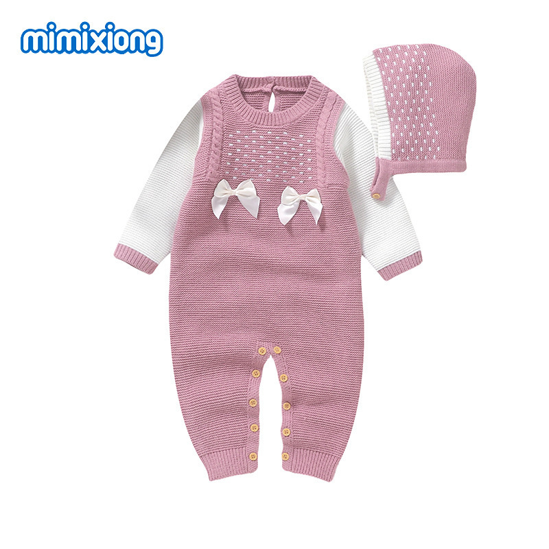 インホット販売新しい女の赤ちゃんニットリボンワンピースロンパース + 帽子セットロンパース|undefined