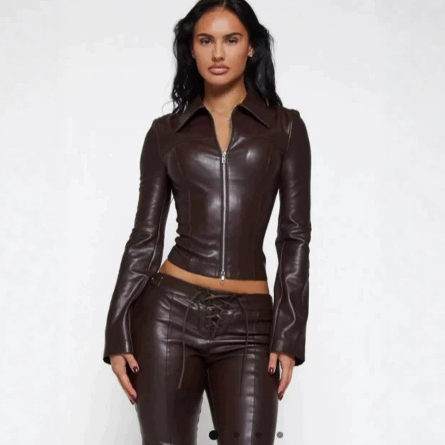 New Foreign Trade Cross-Border Pu Leather Two-Piece Set: Short Leather Jacket with Straps and Slim-Fit Cropped Leather Pants, Stylish and Flattering Outfit
