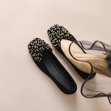 跨境外貿加工定制水鑽淺口單鞋絨面軟底仙女風內增高方頭平底加絨