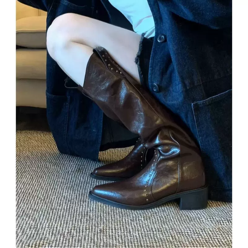 牛皮版~V口铆钉尖头西部牛仔靴不过膝靴子高跟长筒靴女高筒骑士靴