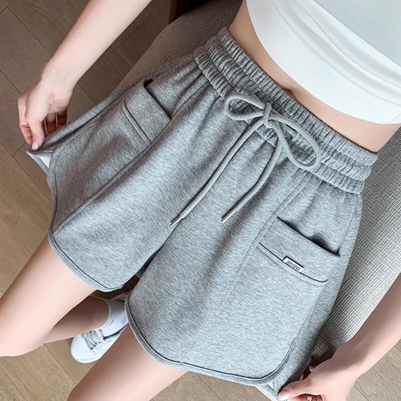 Gray Sports Shorts for Women, Summer High-Waisted, Slimming, Wide-Leg, Loose, Straight-Cut, Cotton, Running, Casual, Trendy Five-Point Shorts