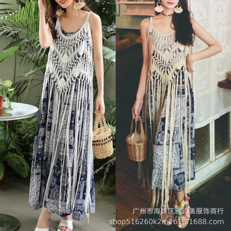 Fresh retro ethnic style holiday casual handmade crocheted tassel camisole women's bohemian style dress