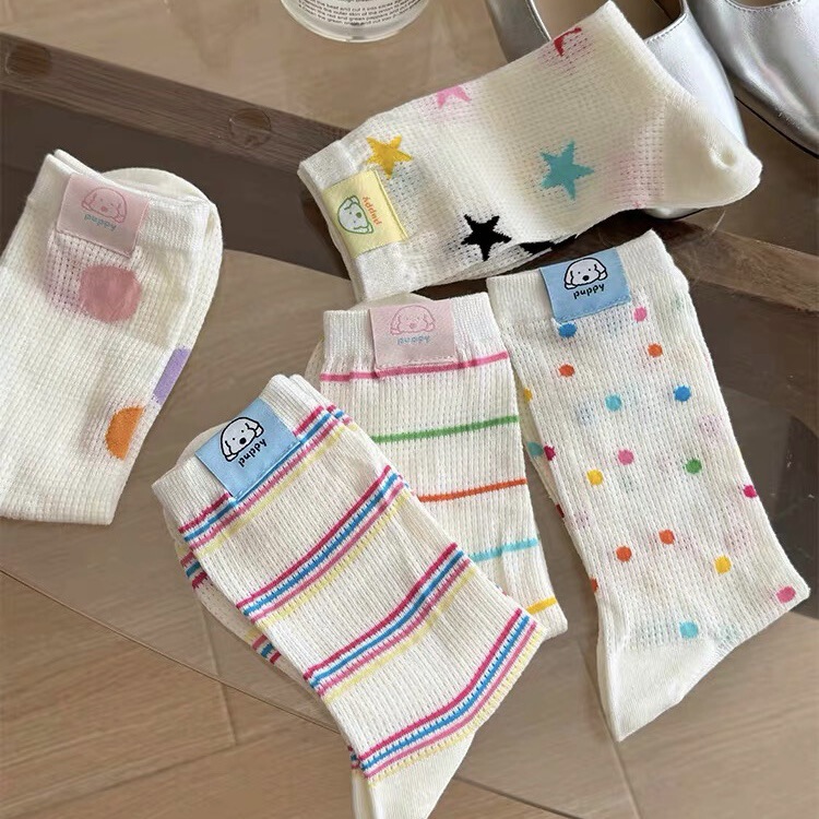 Socks Women's Summer Thin Color Wave Dot Striped Mid-length Socks Puppy Cloth Label Pile Stocking Mesh Breathable Women's Socks Trendy Socks Women's Summer Thin Color Wave Dot Striped Mid-length Socks Puppy Cloth Label Pile Stocking Mesh Breathable Women's Socks Trendy