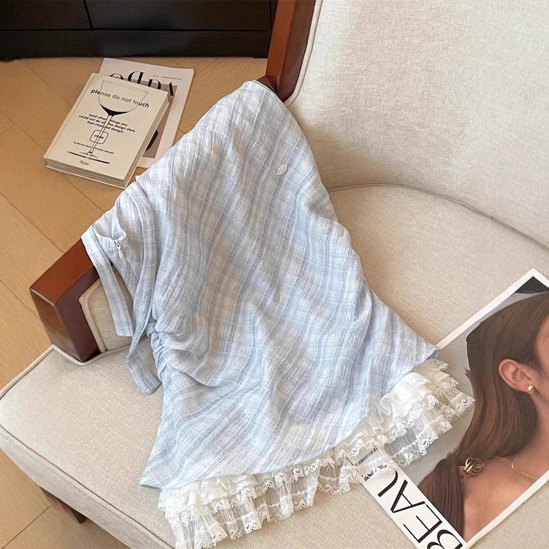 浅蓝气质拼接蕾丝褶皱无袖衬衫女夏季新款超显白洋气格纹上衣女潮|undefined
