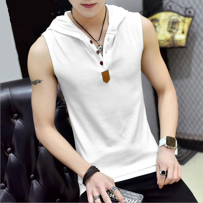 Summer Hooded Sleeveless Vest Waistcoat Korean Style Slim Fit Fitness Sports Casual Men's Short-sleeved T-shirt T-shirt V-neck Trendy